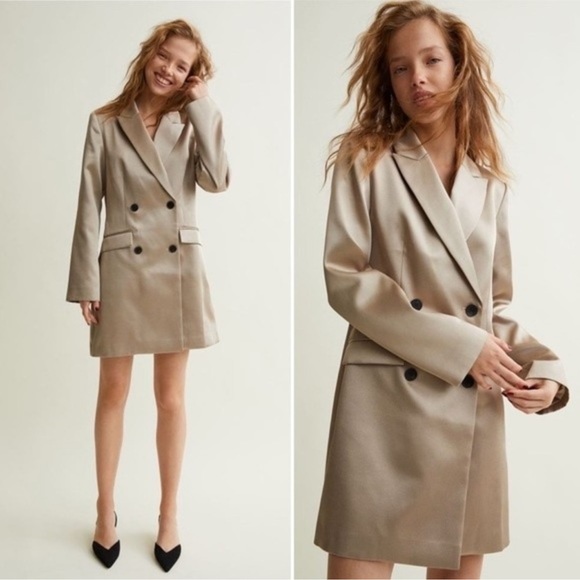 H&M Dresses & Skirts - H&M Shimmery Satin Golden Tan Double Breasted Jacket Dress Size Small